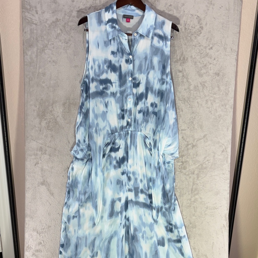 NWT Vince Camuto Blue Tie Dye Sleeveless Button Up Tie Front Jumpsuit Size XL - Picture 4 of 12